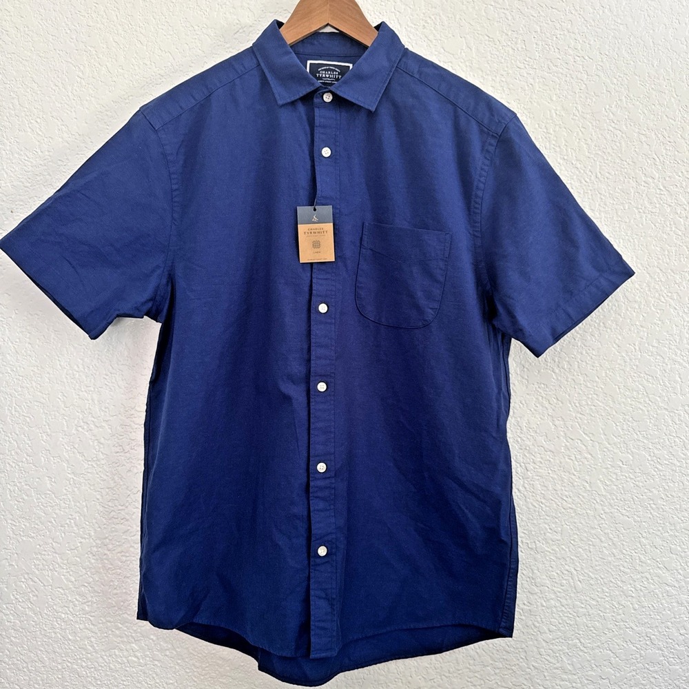 Charles Tyrwhitt Classic Fit Cotton/Linen Short Sleeve Button Down Blue Men Sz L